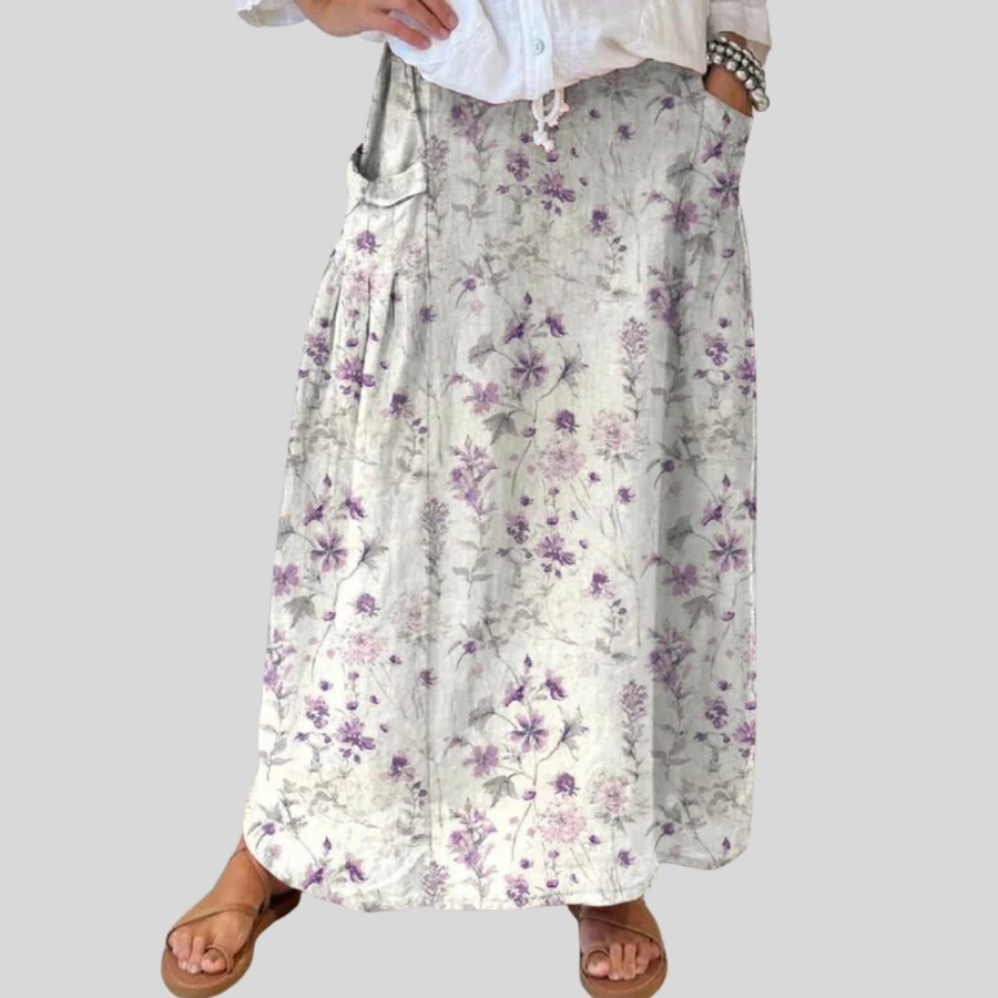 Falda de Lino Floral Vintage para Mujeres con Cintura Elástica y Bolsillos