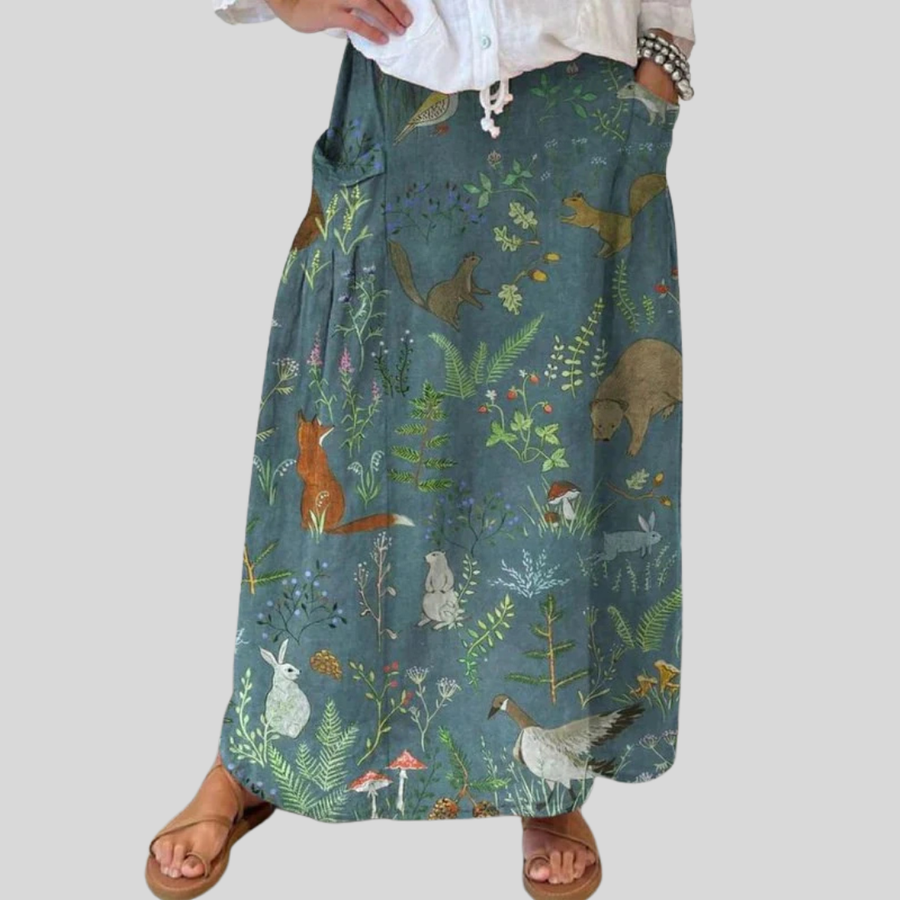 Falda Casual de Lino con Arte Floral Retro para Mujeres